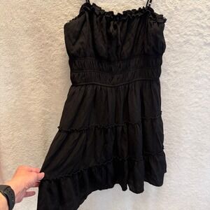 y2k coquette black tiered ruffle mini dress boho festival smocked sundress sz M